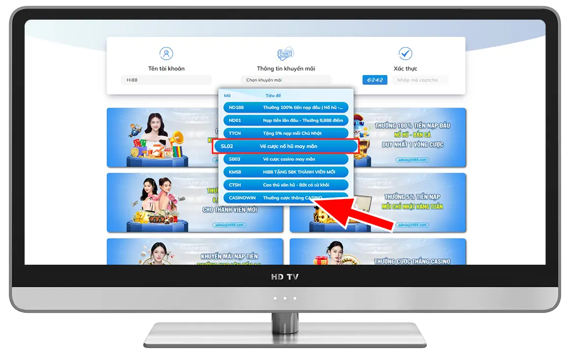 Bước 3: Nhập " Tên tài khoản" → chọn mã khuyến mãi "SL02" → Nhập mã xác thực.